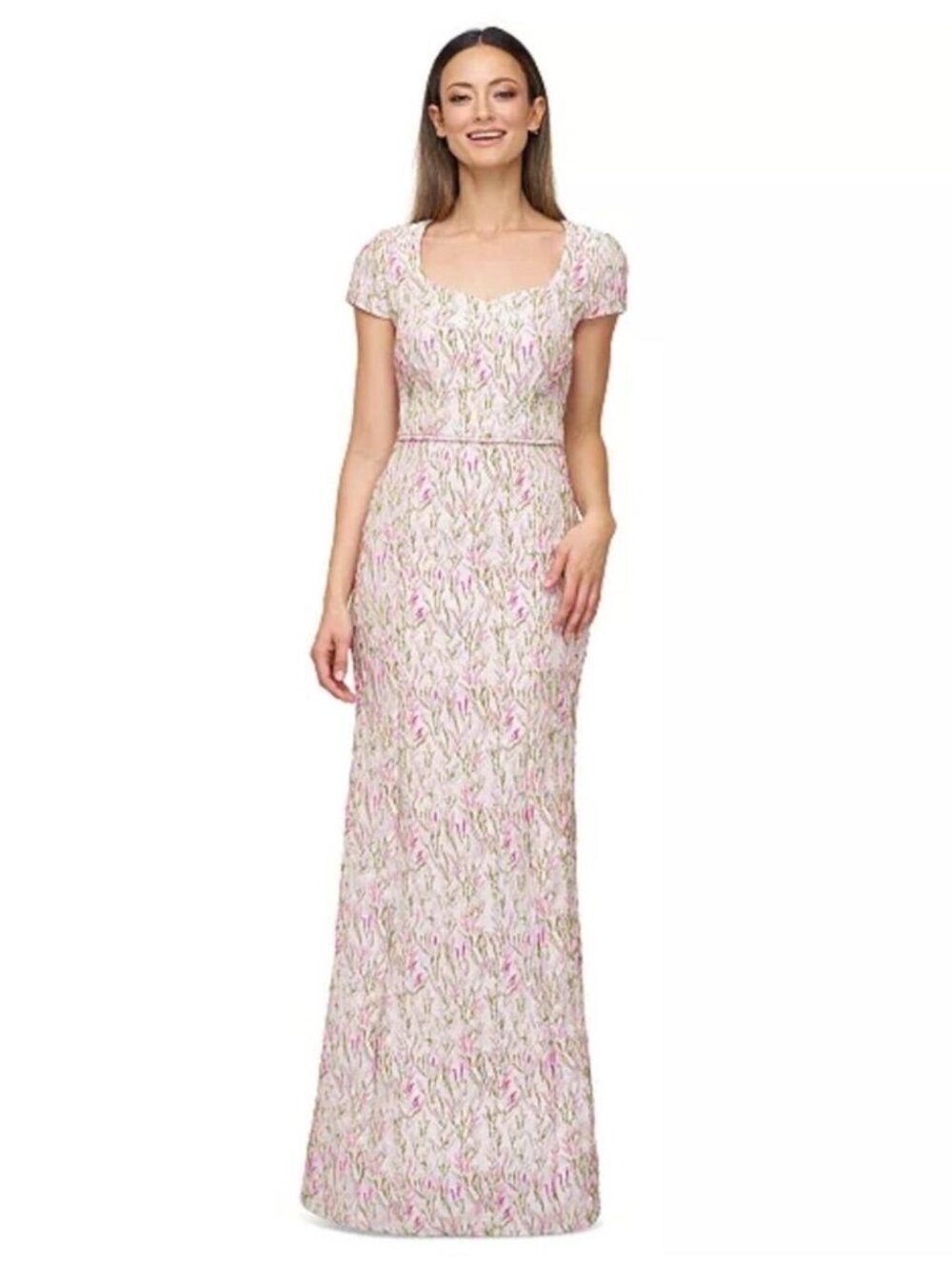 NWT JS Collections Embroidered Sweetheart Jacquard Maxi Dress/ Green-Pink. Sz. 8